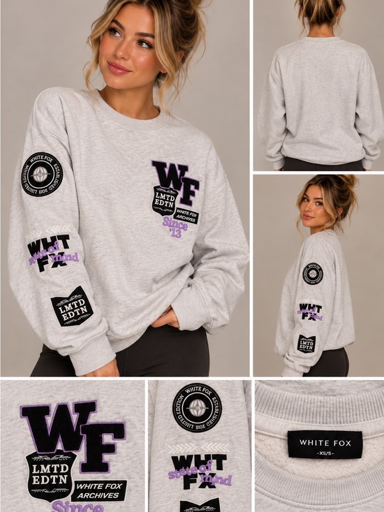 White Fox Boutique Tops - White Fox Boutique Light Heather Grey Logo Patch Sweatshirt